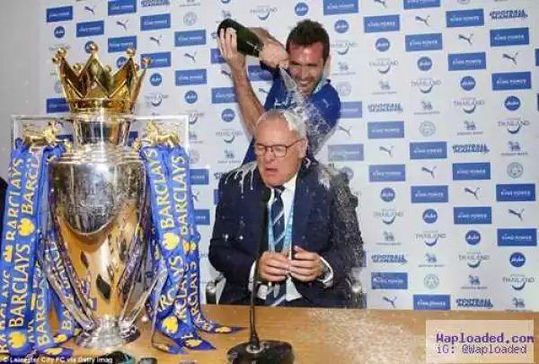 Coach Ranieri Drenched in Champagne as Leicester Players Re-start EPL Champions Party (Photos)